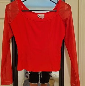Red and mesh sleeves top.